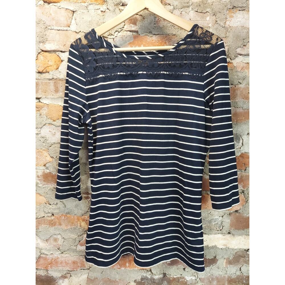 Metaphor Womens 3/4 Sleeve Shirt Top L Navy Blue White Striped Lace Detail